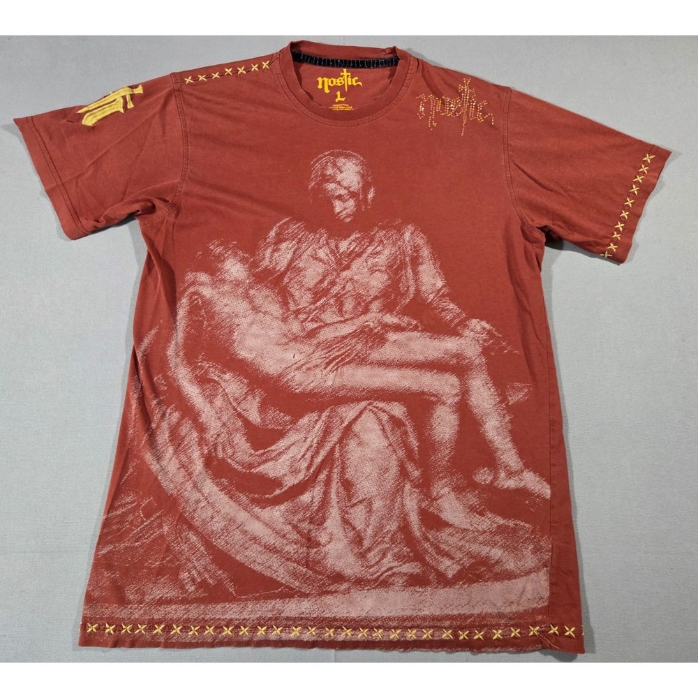 Nostic Shirt Mens Large Brown Pieta Graphic Studded Distressed Cotton Streetwear